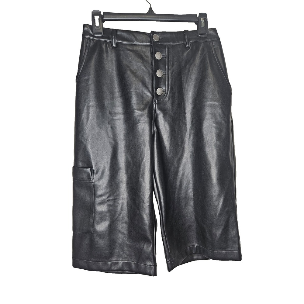 Avec Les Filles Faux Leather Bermuda‎ Shorts Black Size 4 High Rise Button Front